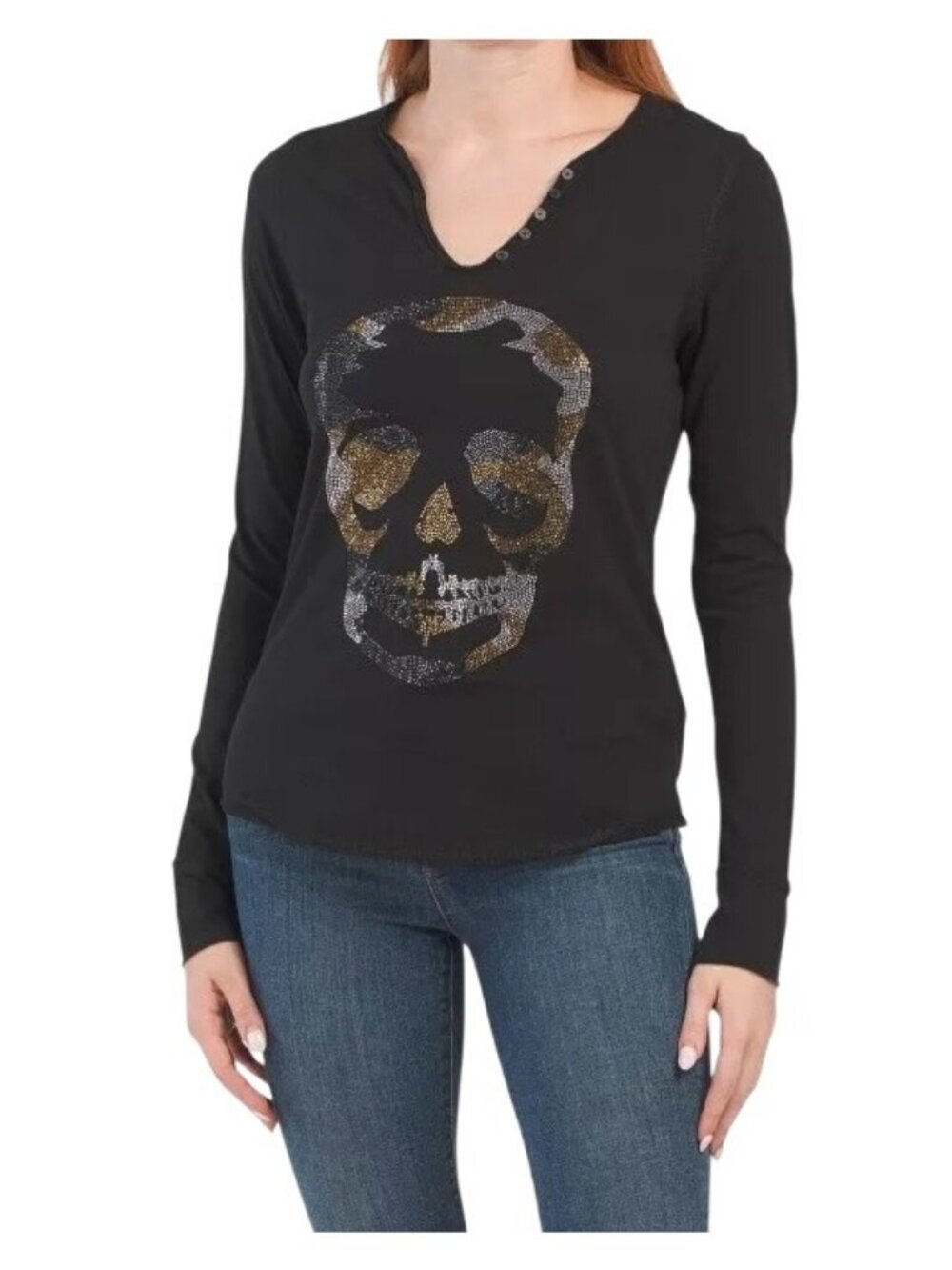 Zadig & Voltaire Tunisien Black Camo Rhinestone Skull Long Sleeve Henley Small